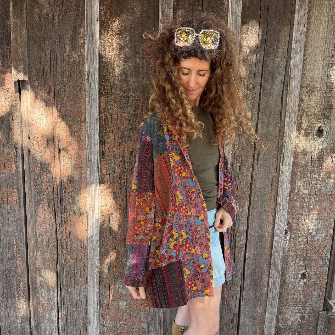 Mushroom Print Heavy Cotton Patchwork Kimono Jacket