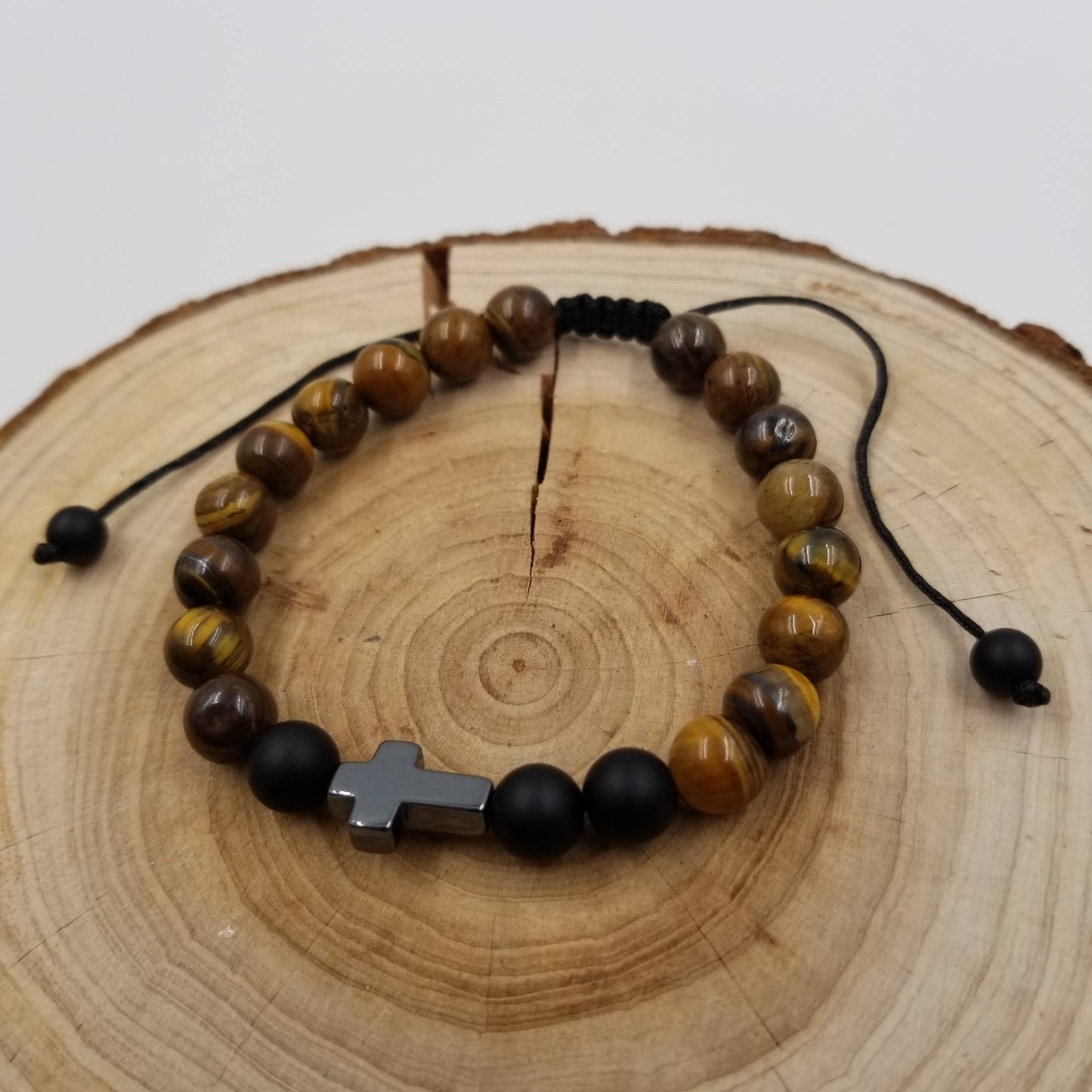Natural Tiger Eye Stone Bead Cross Bracelet Father's Day