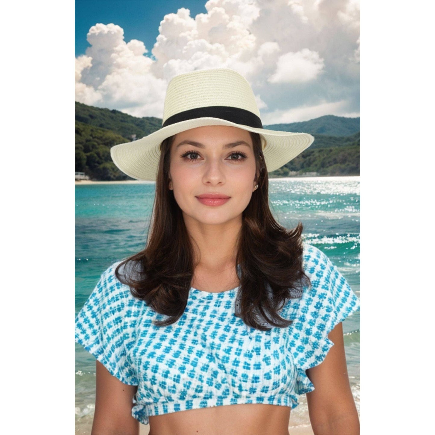 Wide Brim Straw Fedora Sun Hat Black Band Panama UV Hat