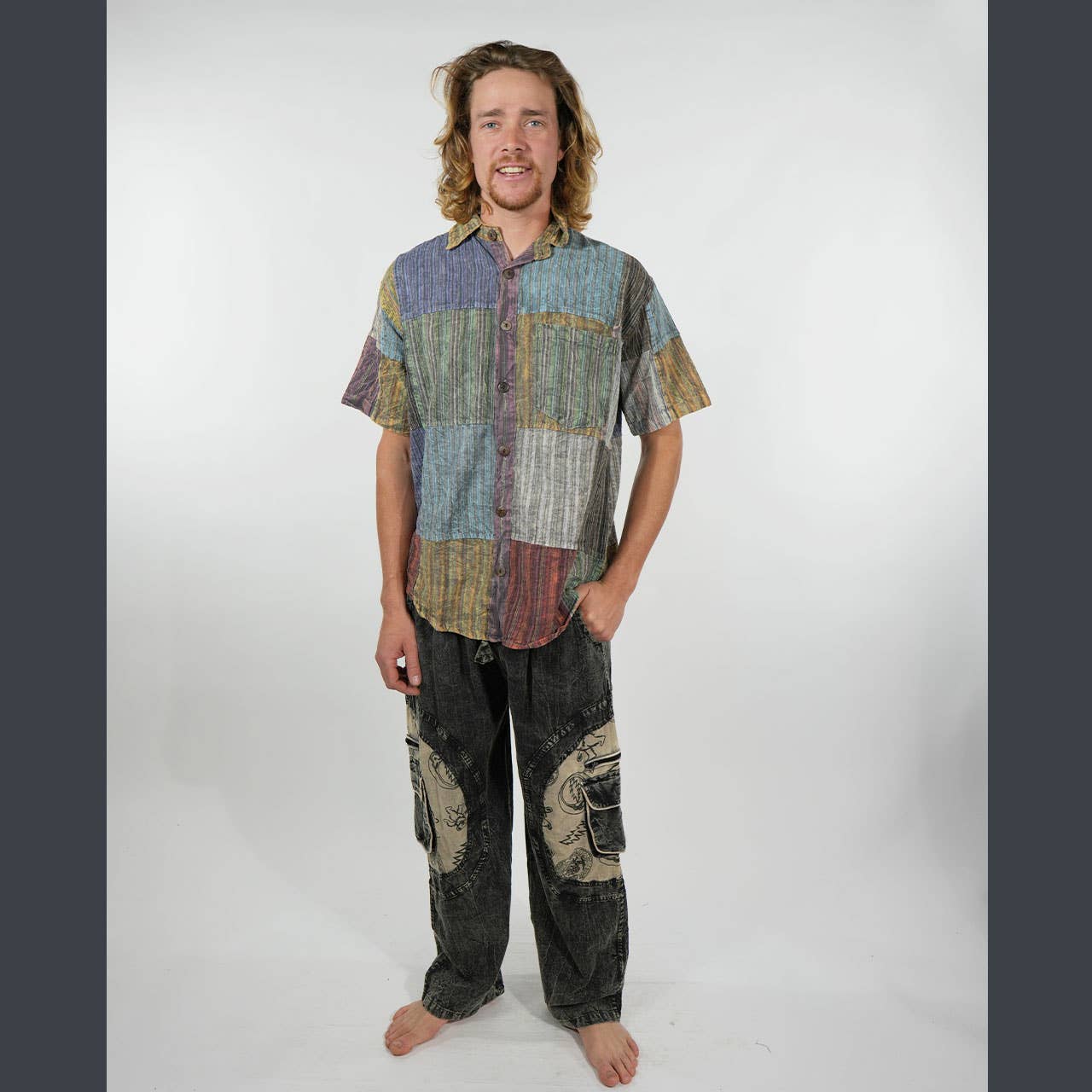 Nepali Striped Patchwork Over Dyed Cotton Button-Up Shirt