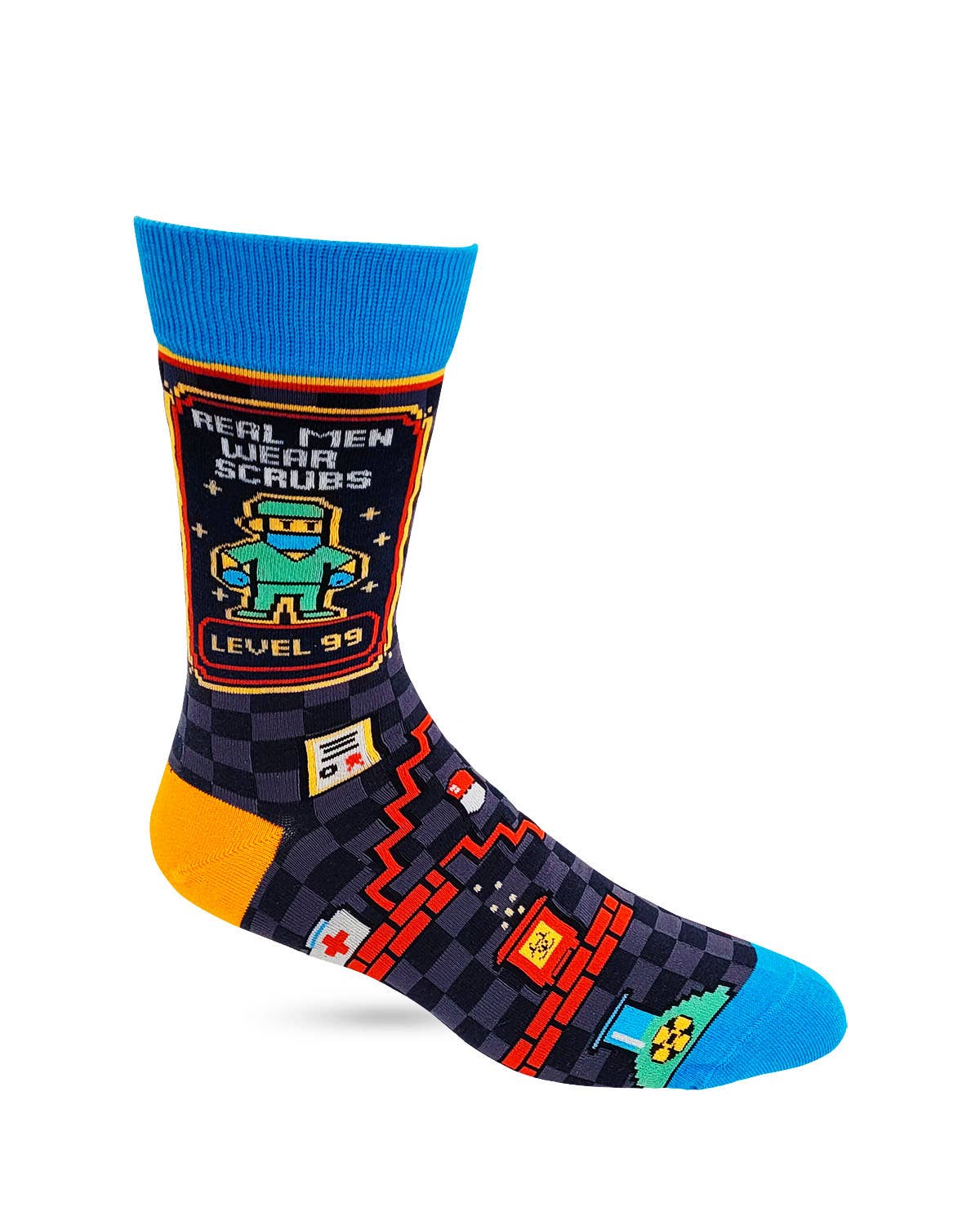 Colorful sock with video game design and text on a white background
