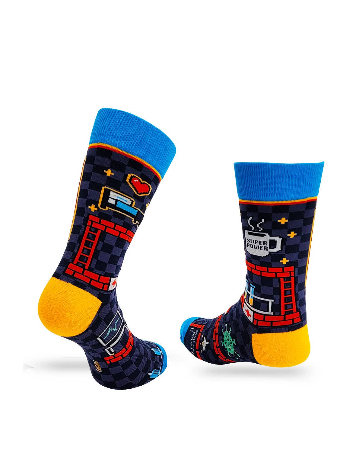 Pair of socks with retro video game design on a white background