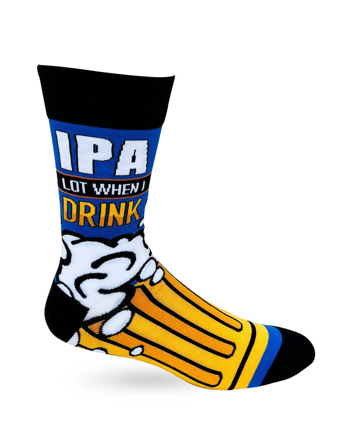Sock with text 'IPA Lot When I Drink' on a white background