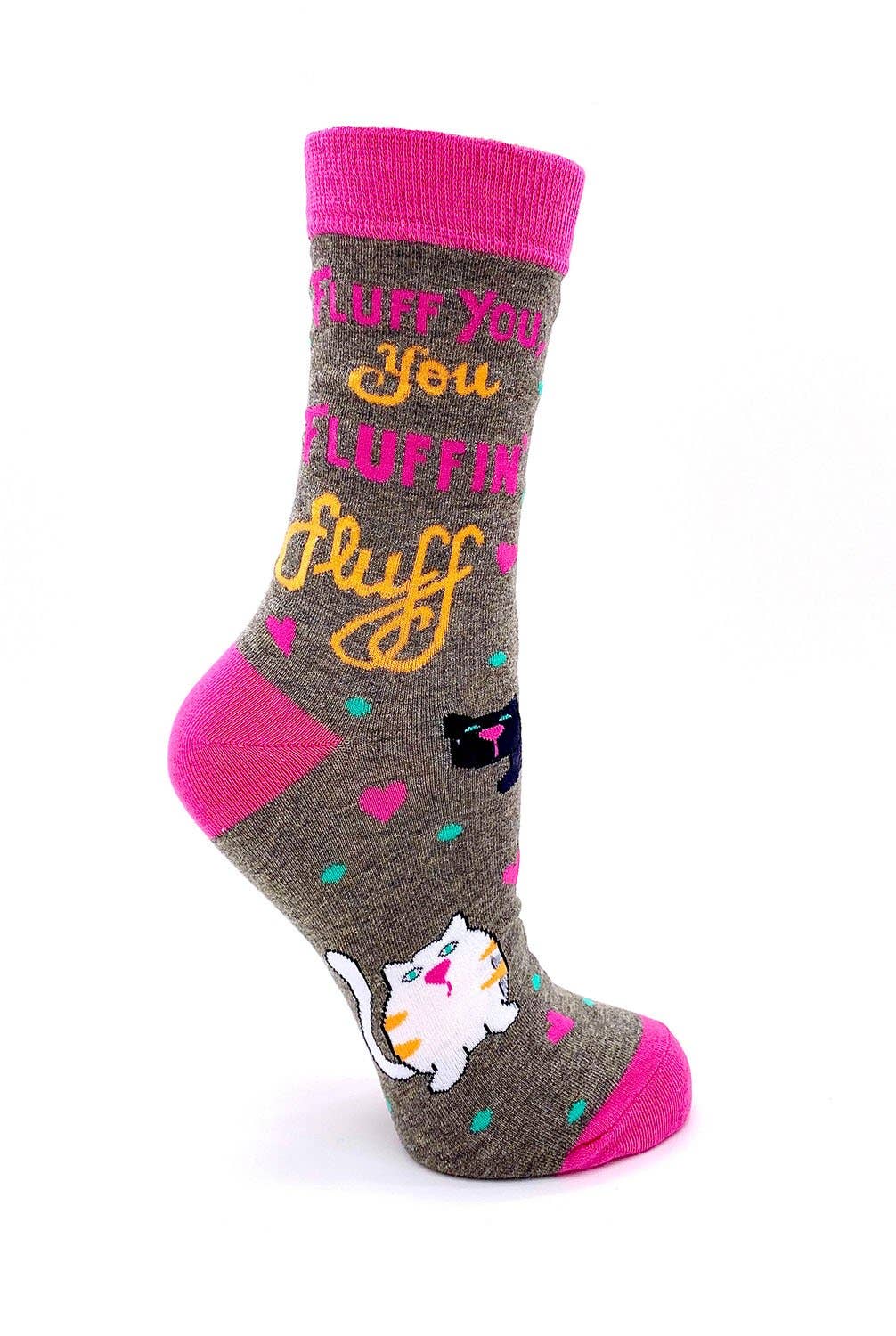 Gray sock with pink accents and cat designs on a white background