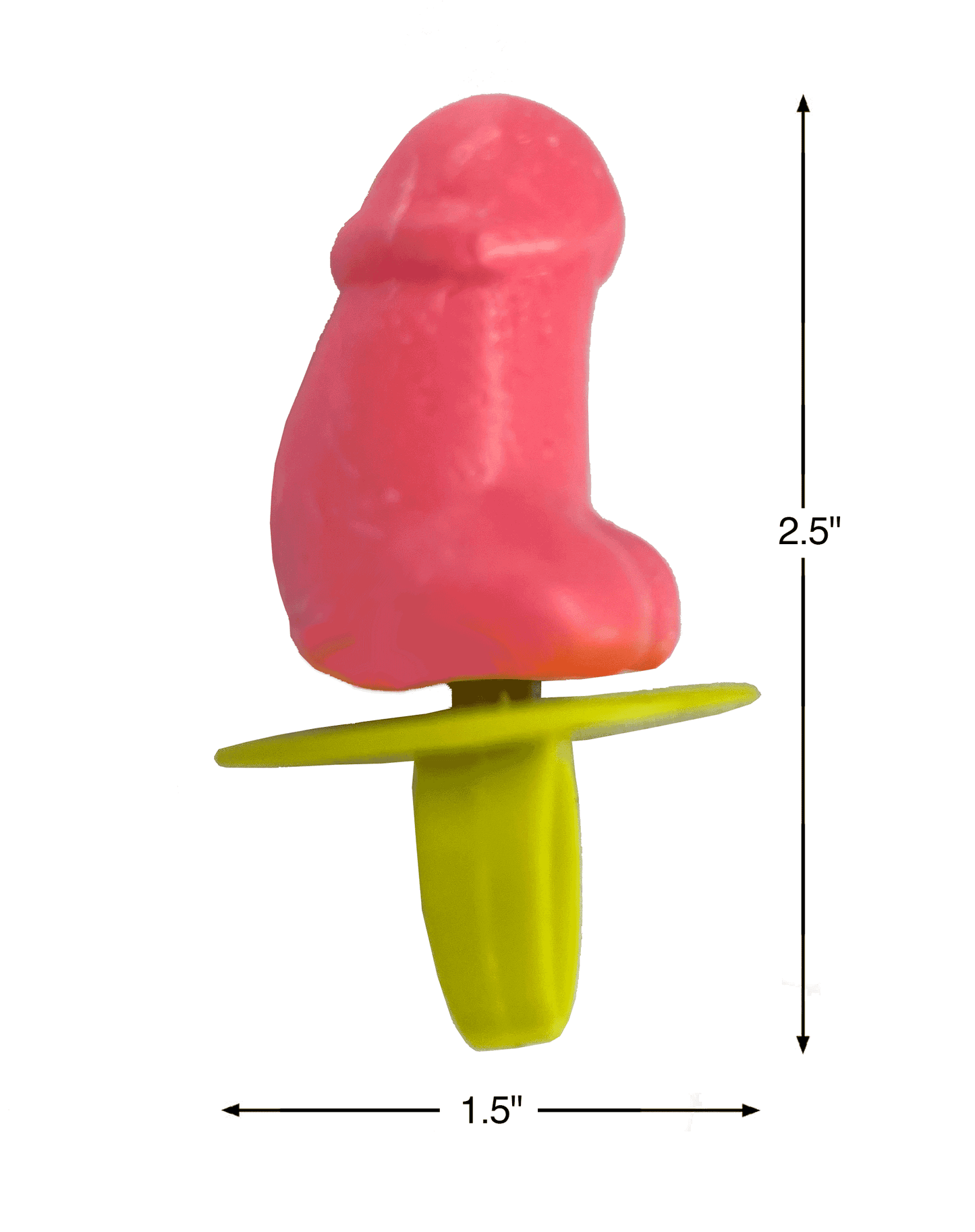 Pink and yellow pacifier with measurements on a white background