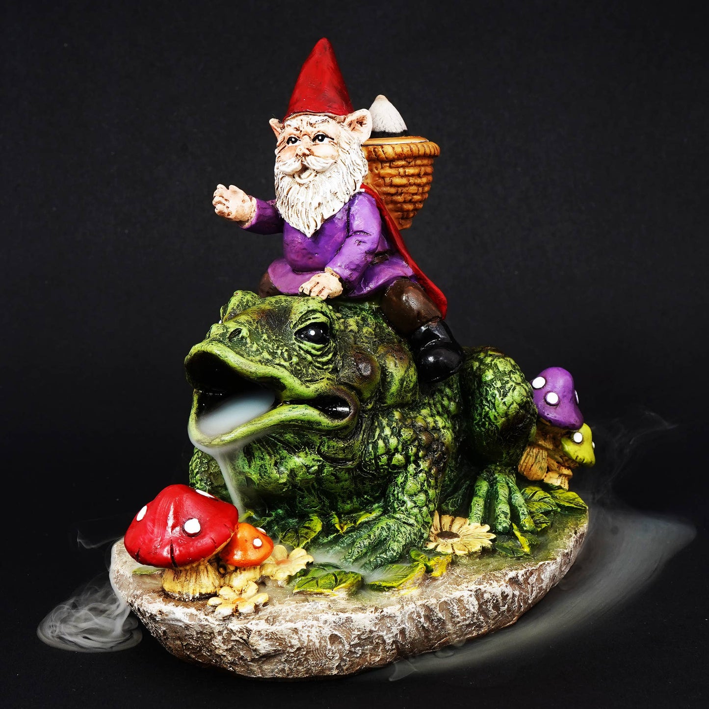 Gnome Riding Frog Back Flow incense Burner