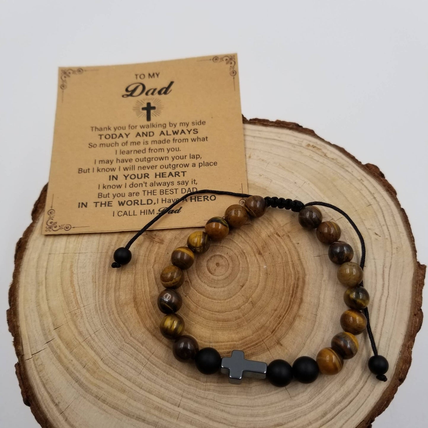 Natural Tiger Eye Stone Bead Cross Bracelet Father's Day