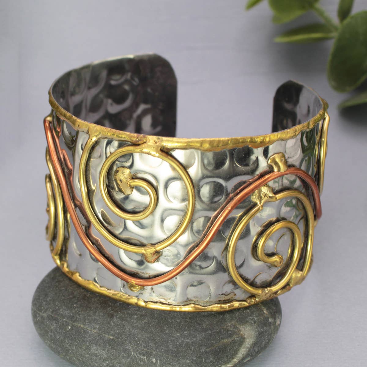 Wire Spirals Silver Hammered Cuff Bracelet