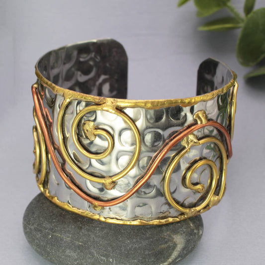 Wire Spirals Silver Hammered Cuff Bracelet