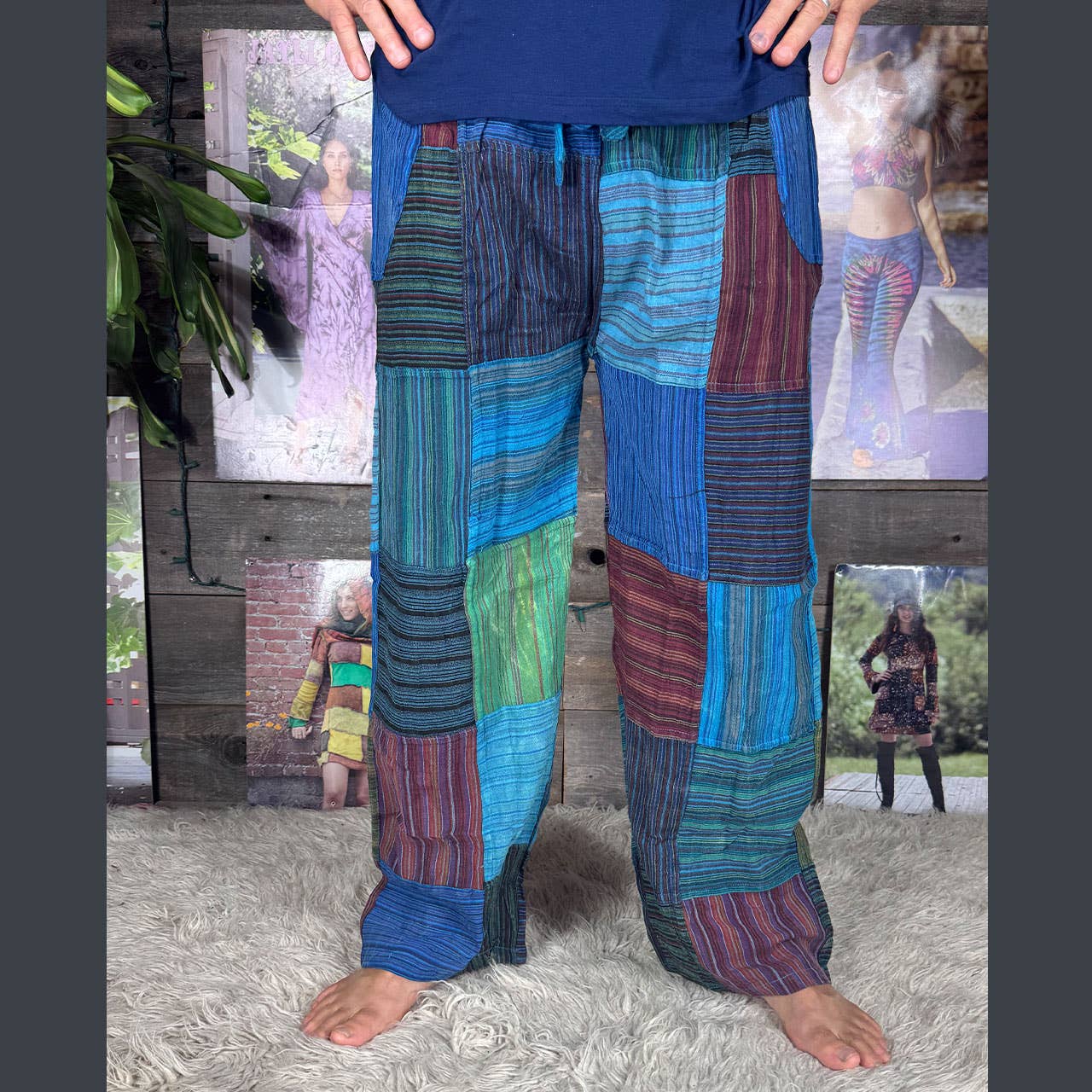 Striped Patchwork Zipper Pocket Pants Elastic Waist Hippie