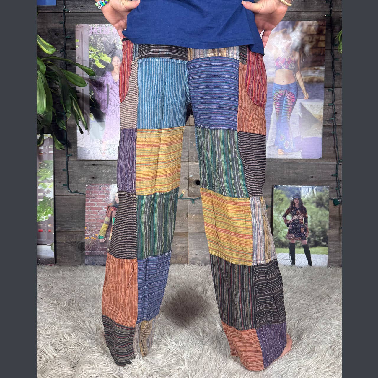 Striped Patchwork Zipper Pocket Pants Elastic Waist Hippie
