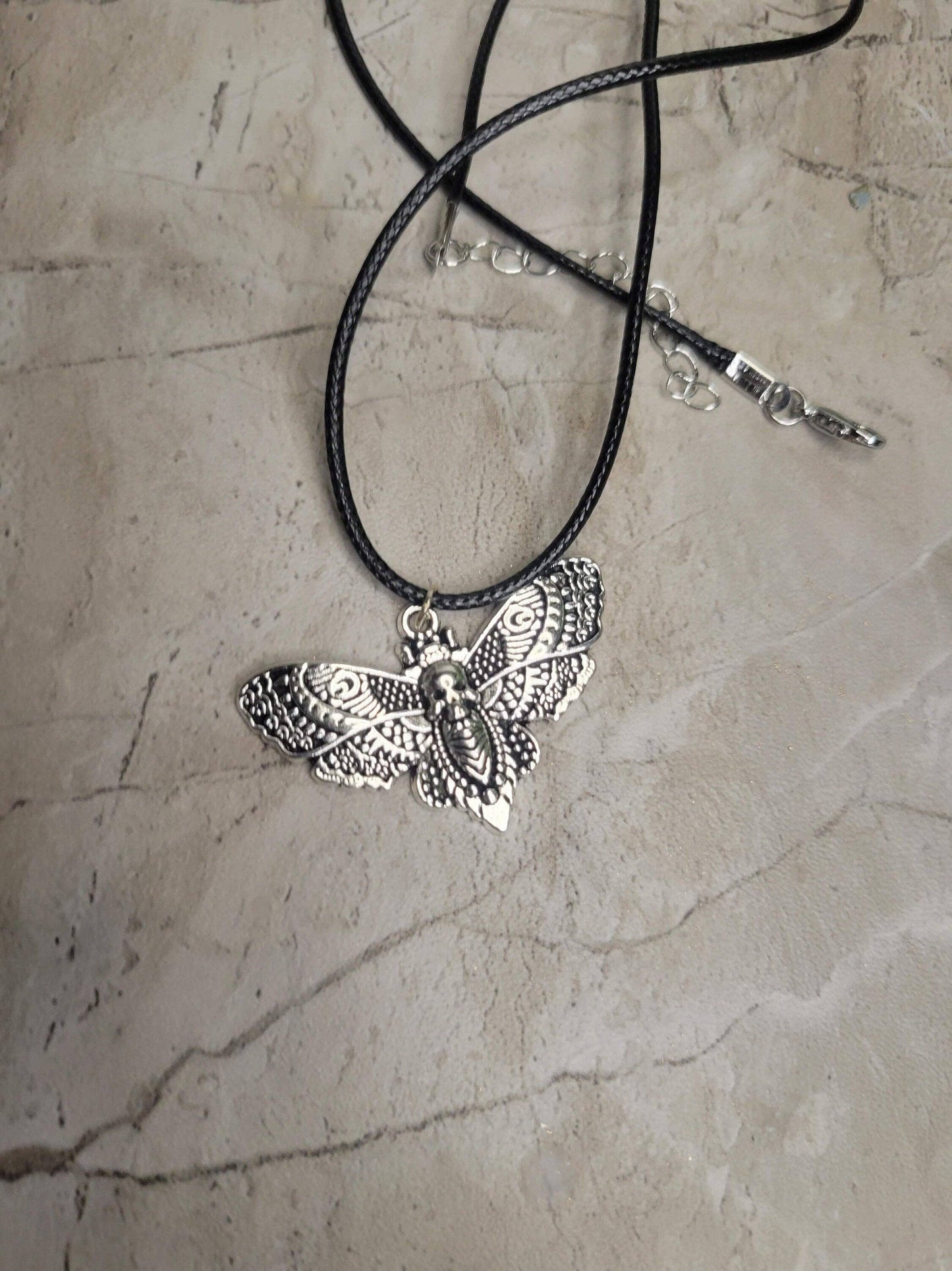 Skull Moth Pendant Necklace, Gothic Jewelry, Antique Silver,