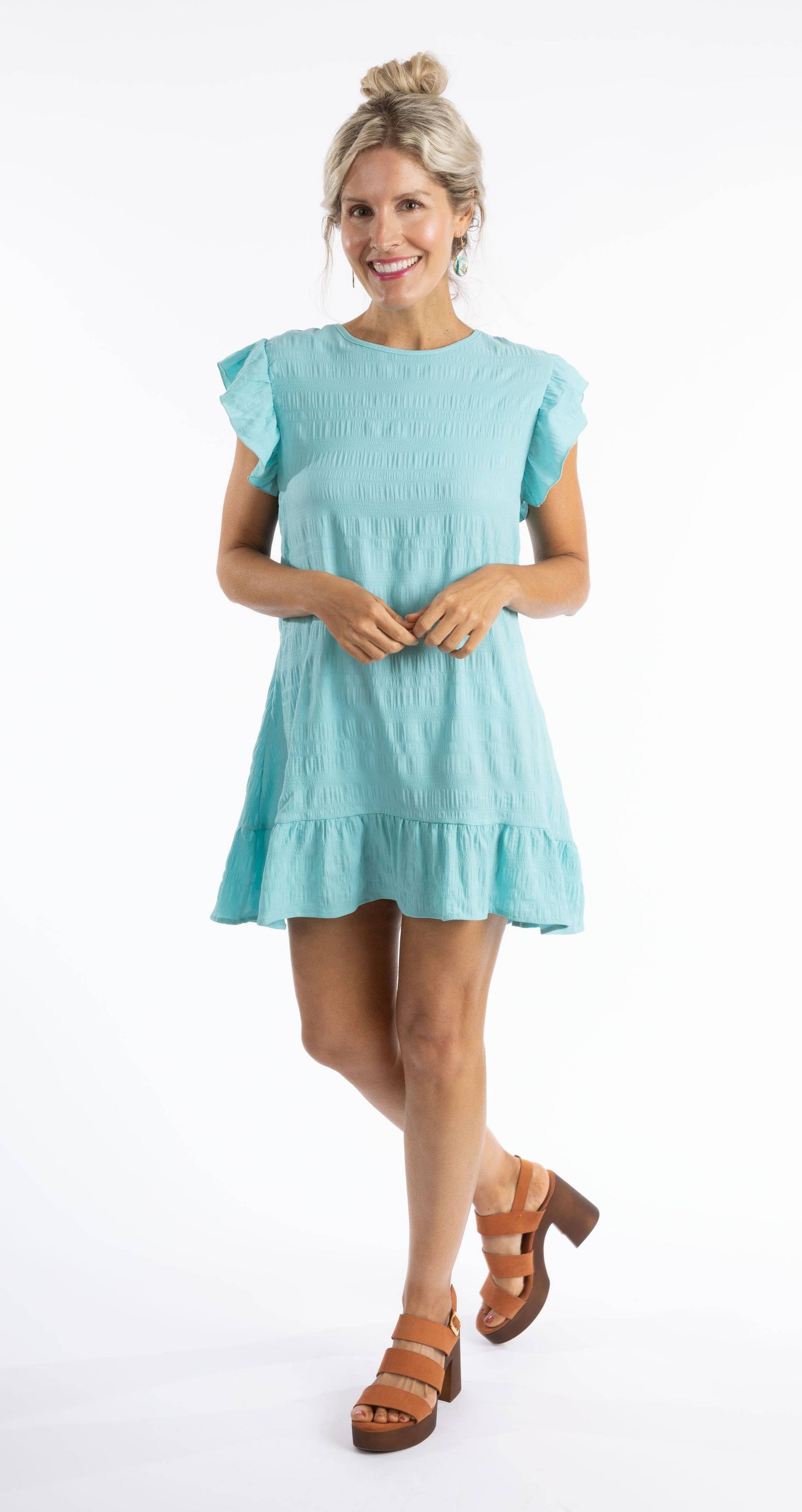 Ruffle peekaboo bow tie back dress, 3 assorted