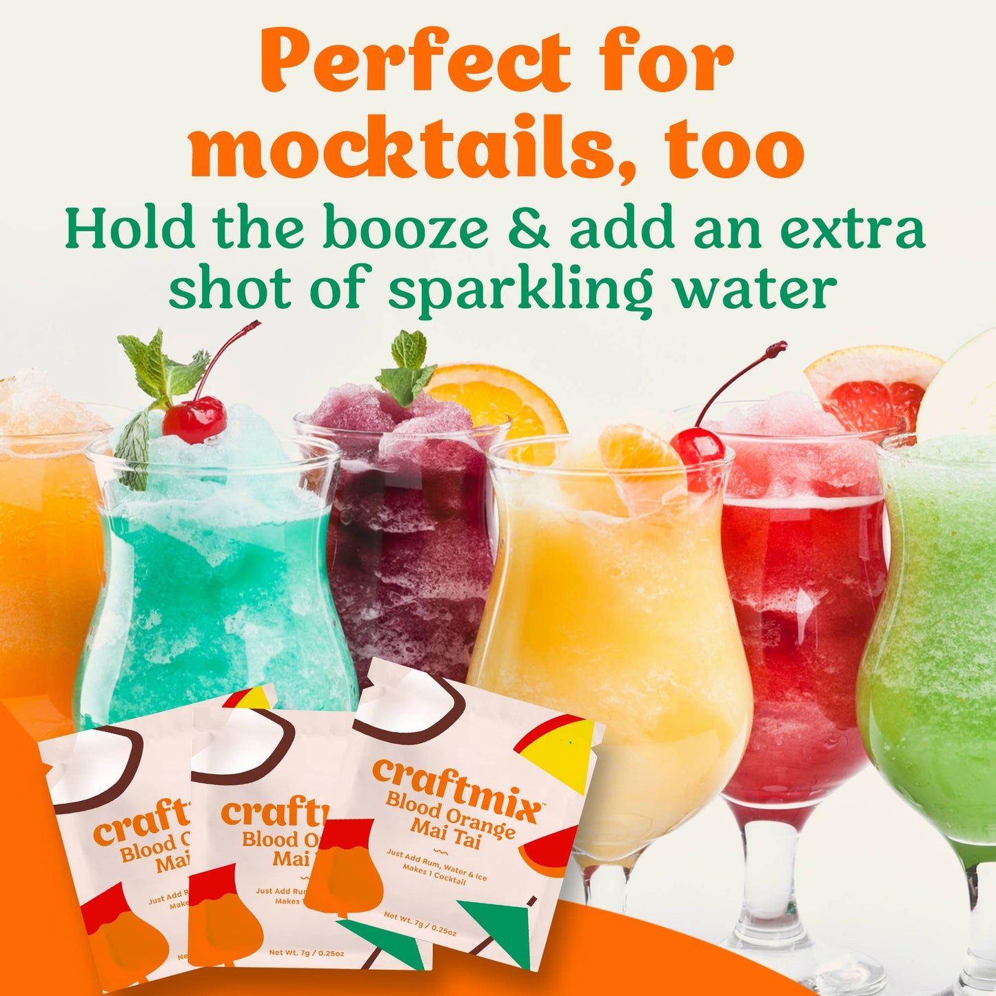 Assorted cocktails in glasses with craftmix packets and text about mocktails.