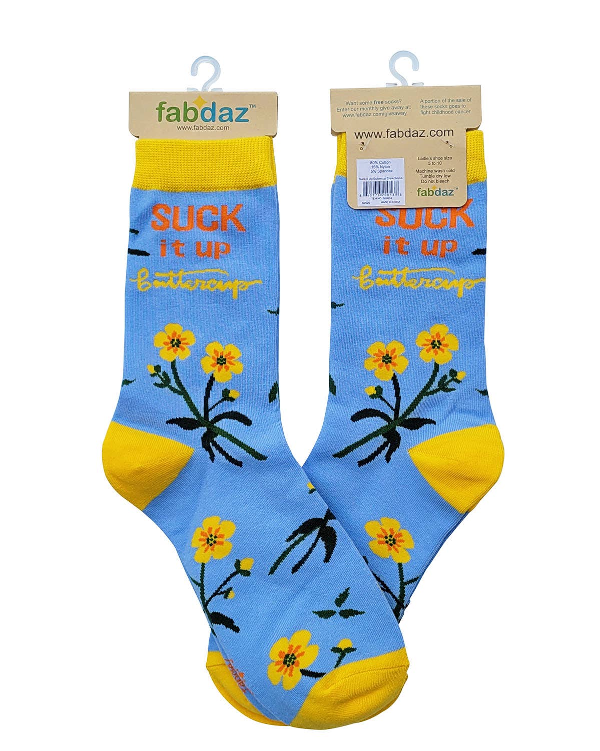 Pair of socks with floral design and text, displayed on hangers with 'fabdaz' branding.