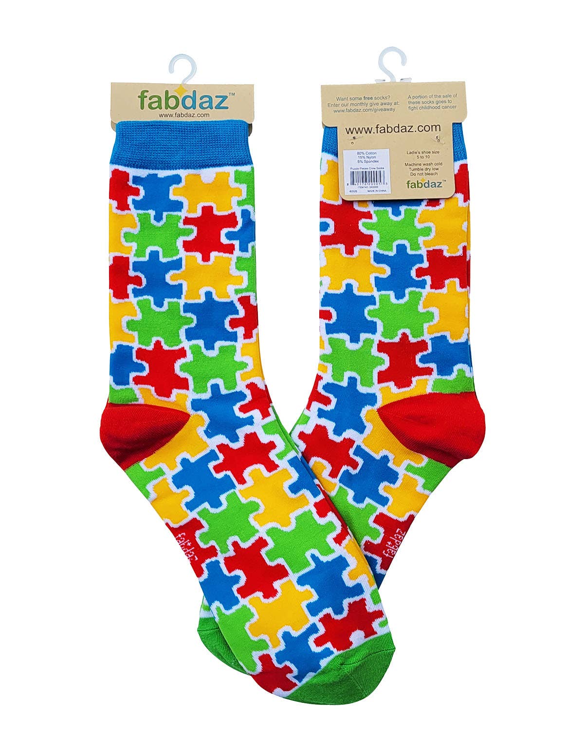 Colorful puzzle-patterned socks with 'fabdaz' branding on a white background