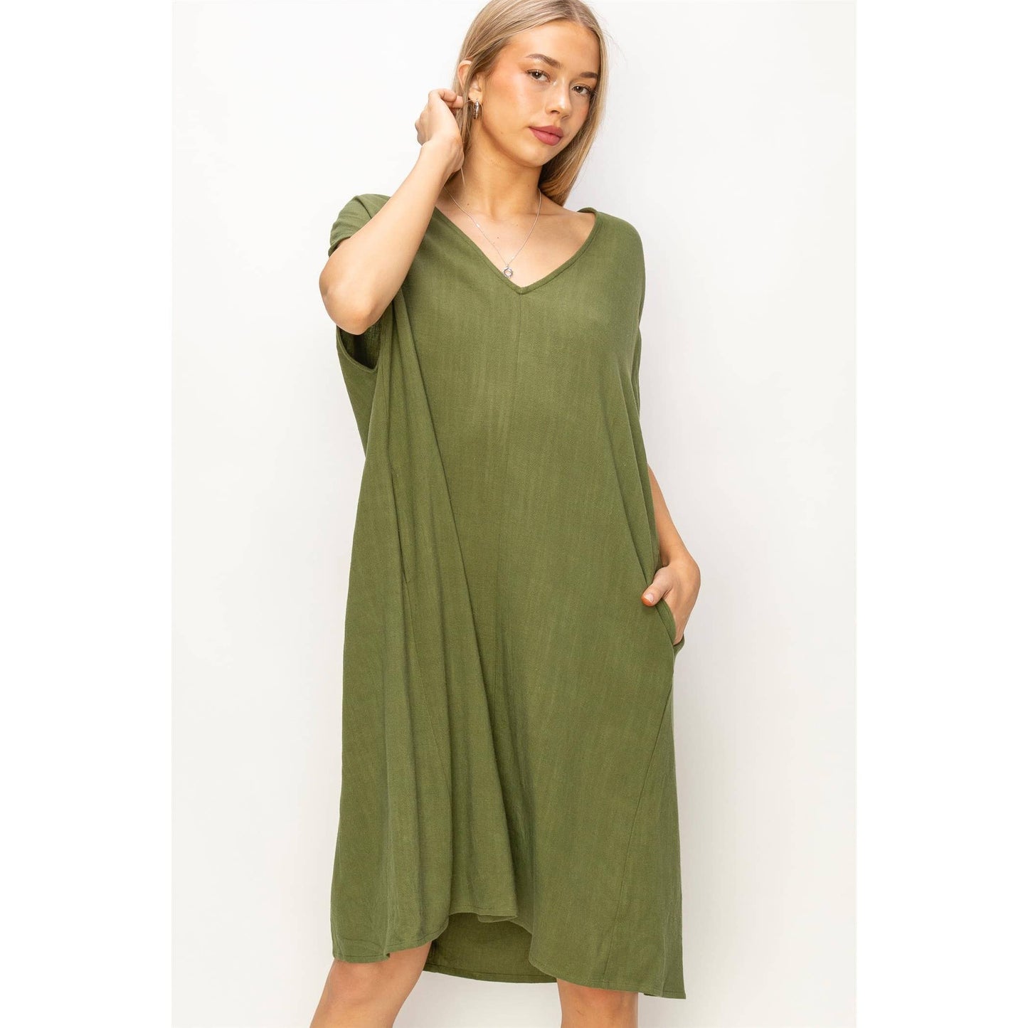 V-Neck Oversized Linen Midi Dress