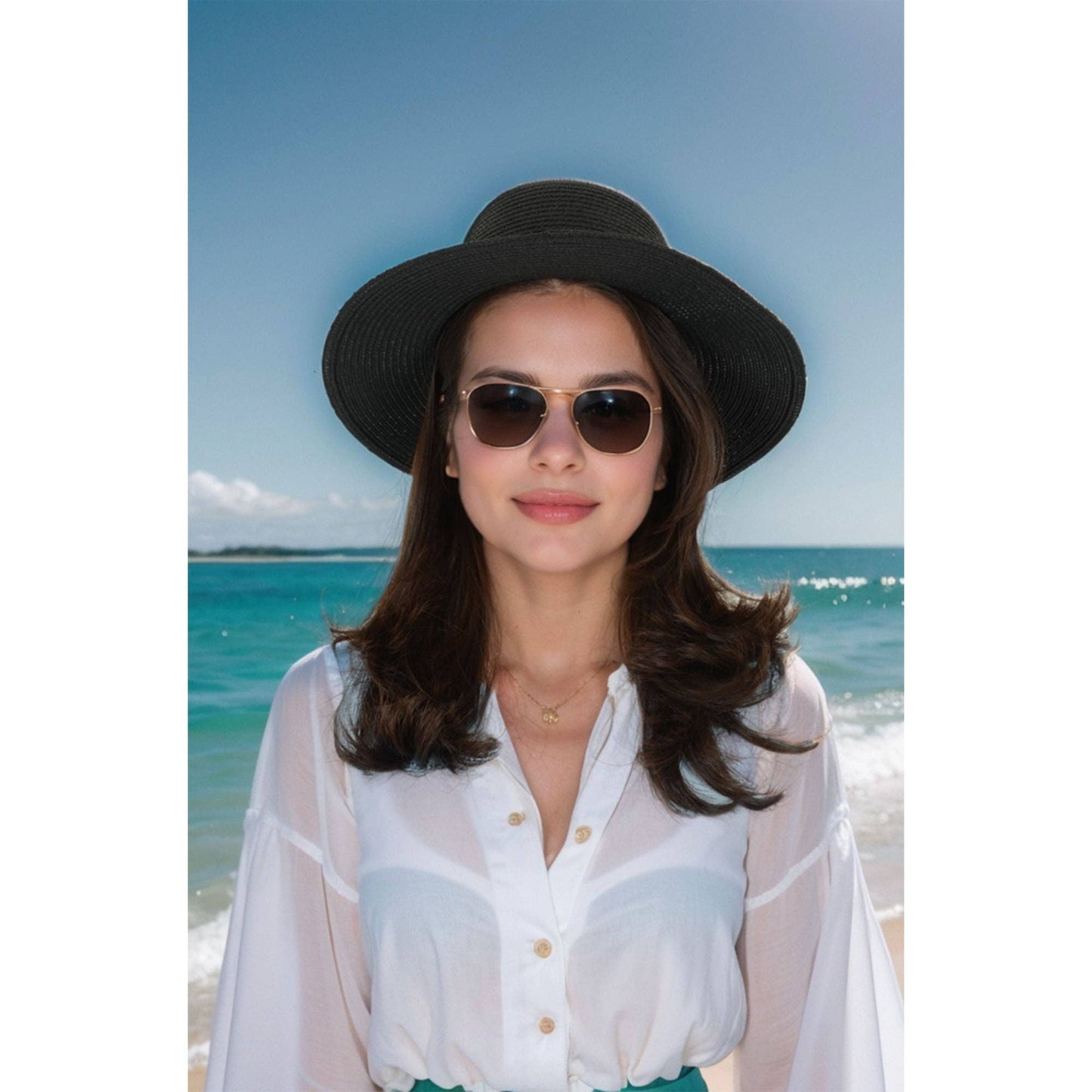 Wide Brim Straw Fedora Sun Hat Black Band Panama UV Hat