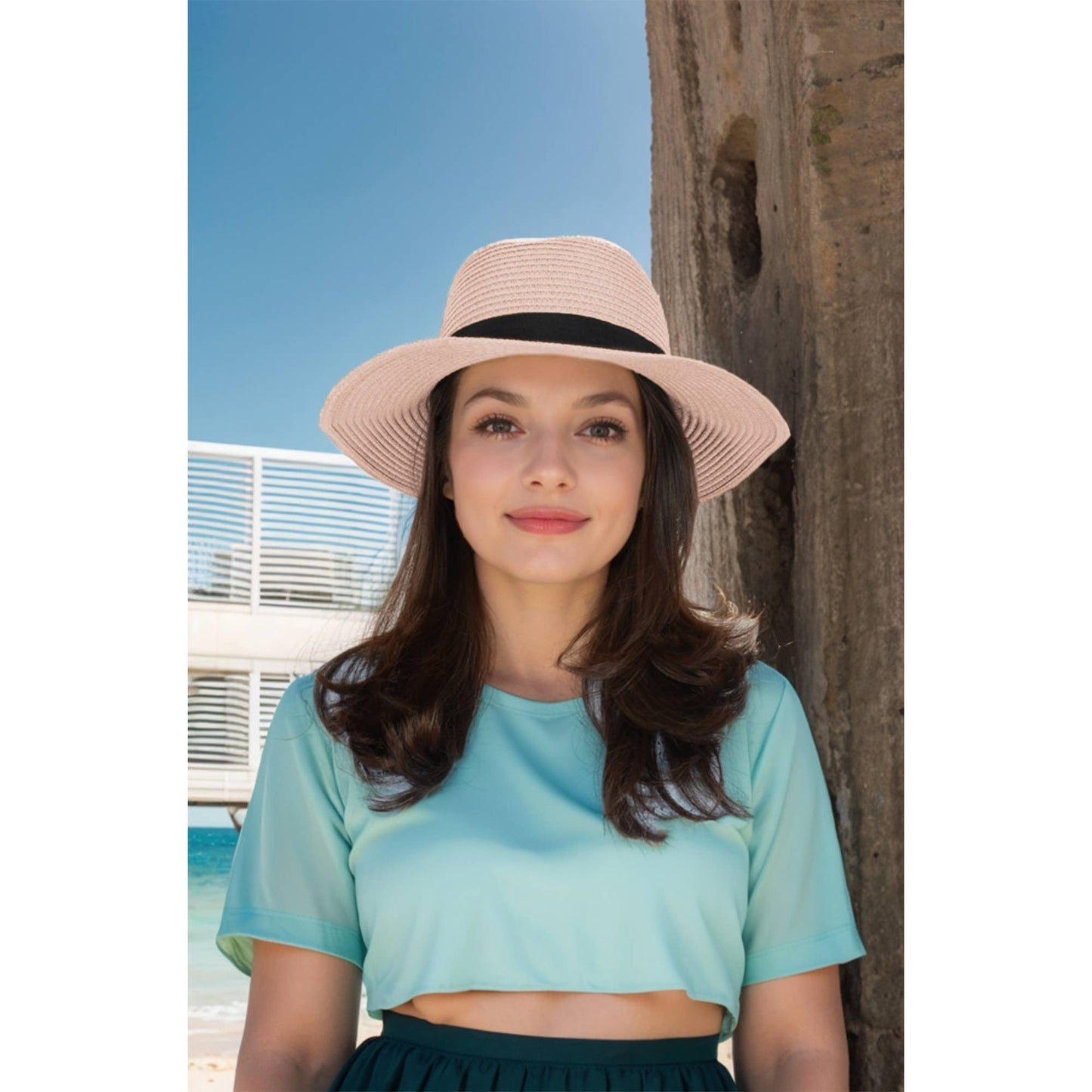Wide Brim Straw Fedora Sun Hat Black Band Panama UV Hat