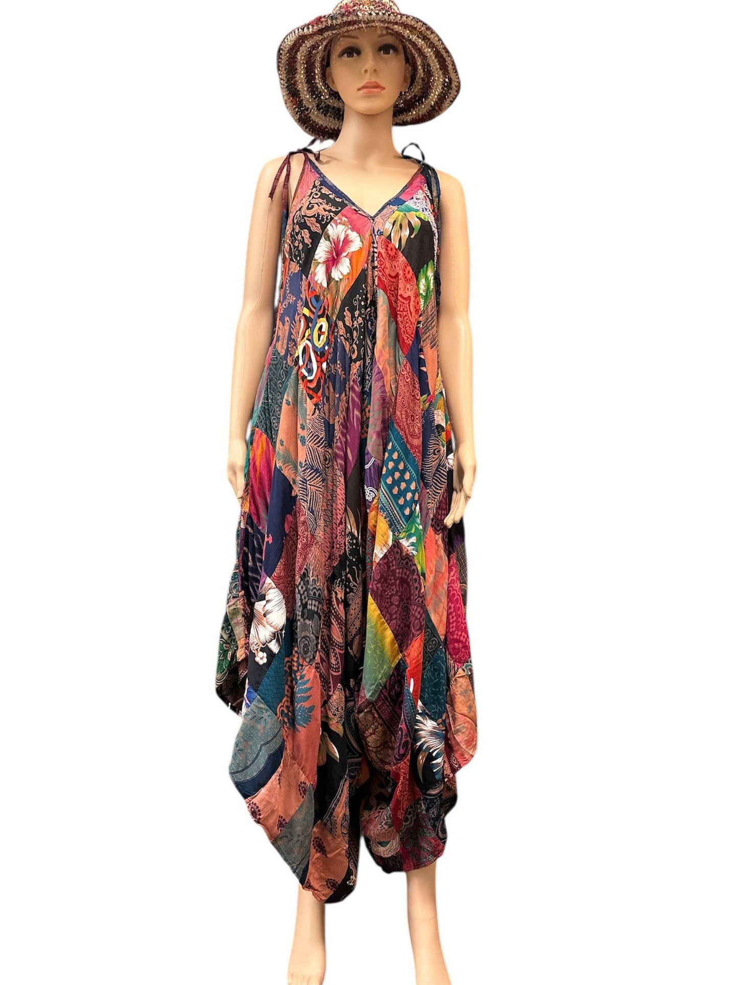 Rayon Red Multi Patchwork A line Boho Dress KTY508
