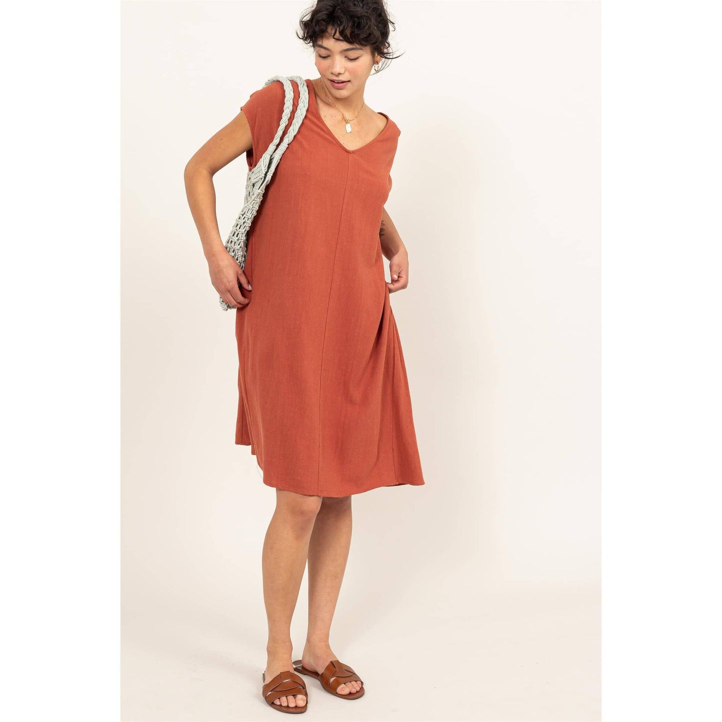 V-Neck Oversized Linen Midi Dress
