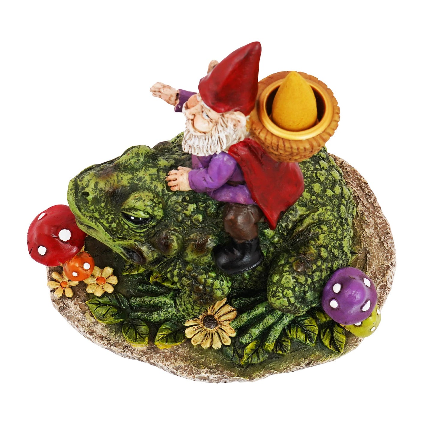 Gnome Riding Frog Back Flow incense Burner