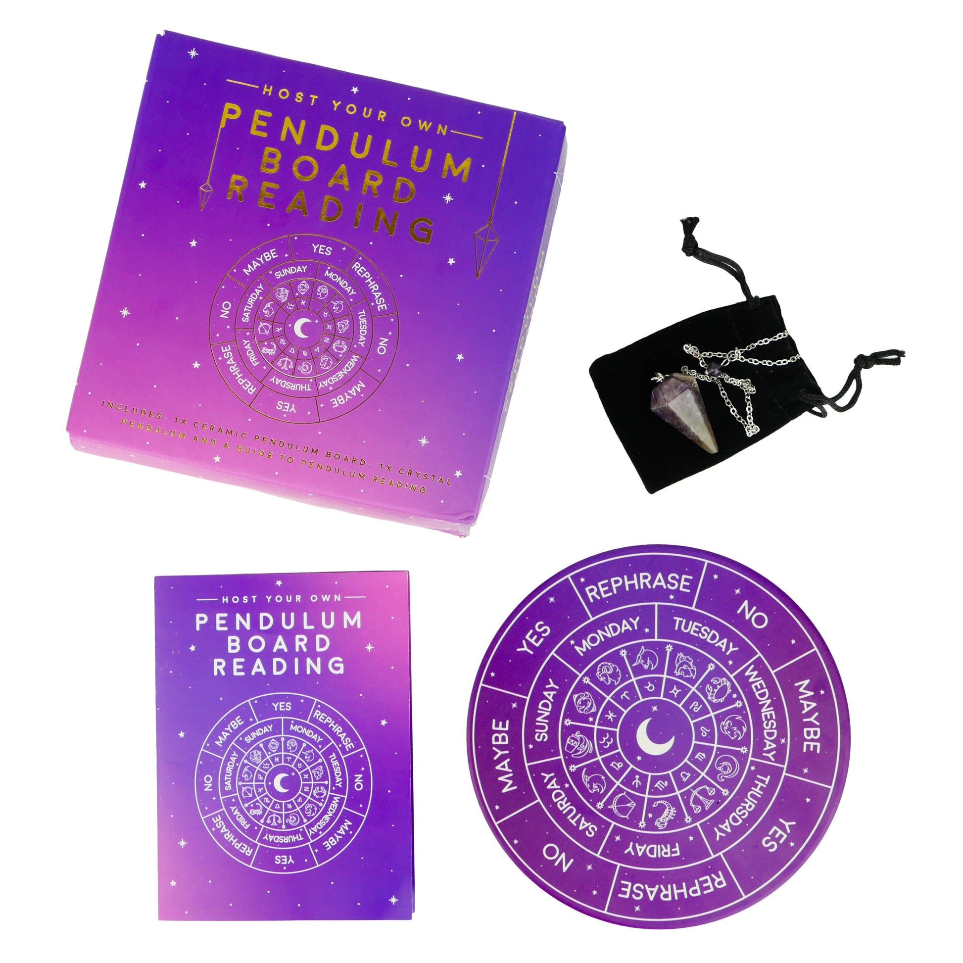 Pendulum board reading kit with purple packaging, pendulum, and instruction cards on a white background