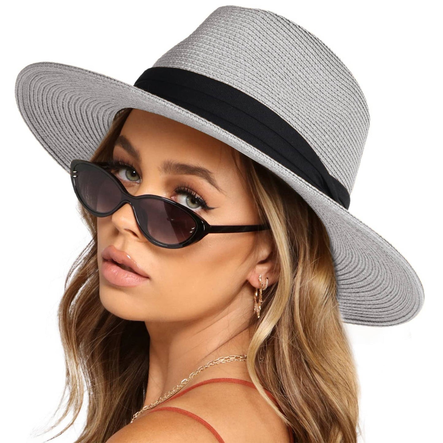 Wide Brim Straw Fedora Sun Hat Black Band Panama UV Hat