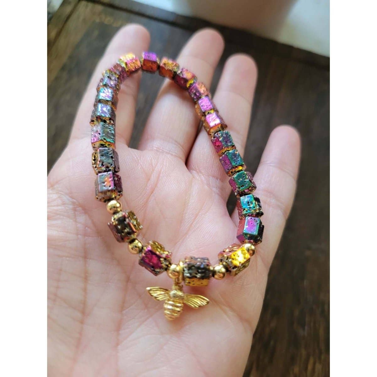 Natural Lava Rock Hexagon Beads Stretch Bracelets, Bee Shape