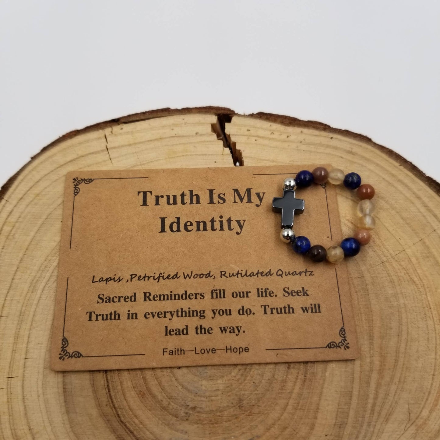 Cross Natural Stone Copper Bead Ring With Card