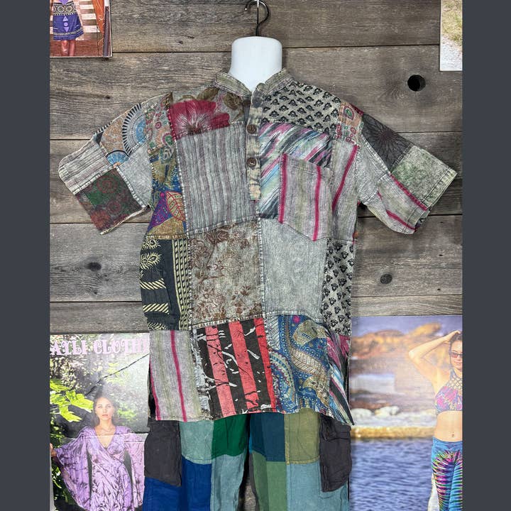 Grey Patchwork Hippie Button Up