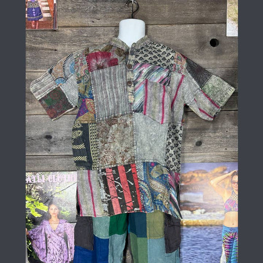 Grey Patchwork Hippie Button Up
