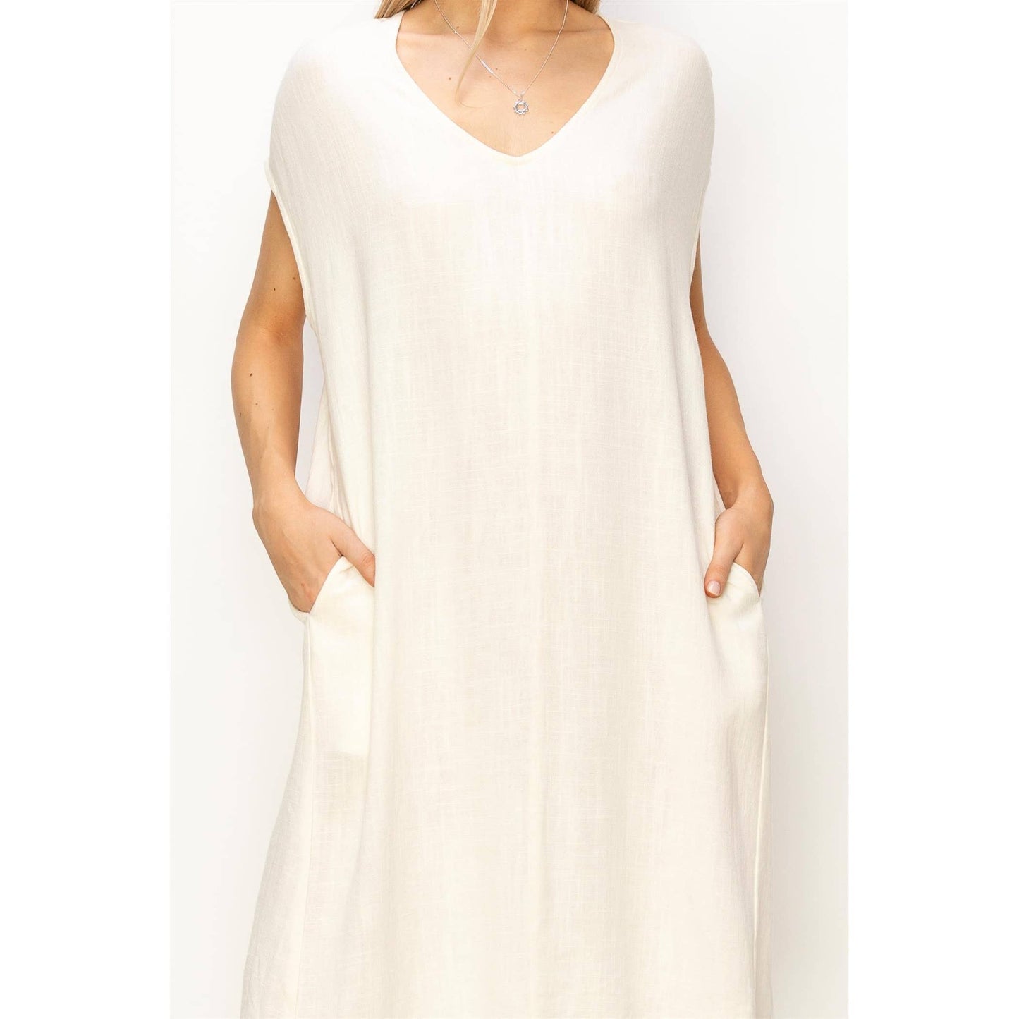V-Neck Oversized Linen Midi Dress