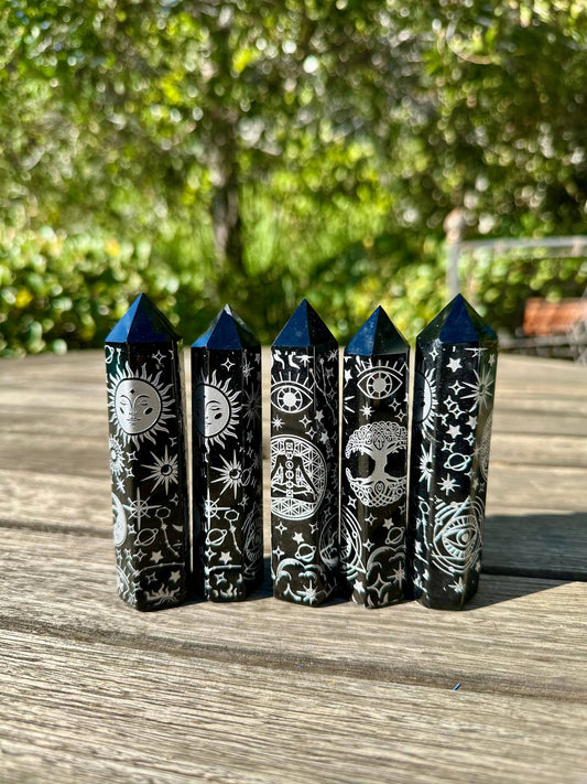 Natural Obsidian Sun&Moon Obelisk Tower Point
