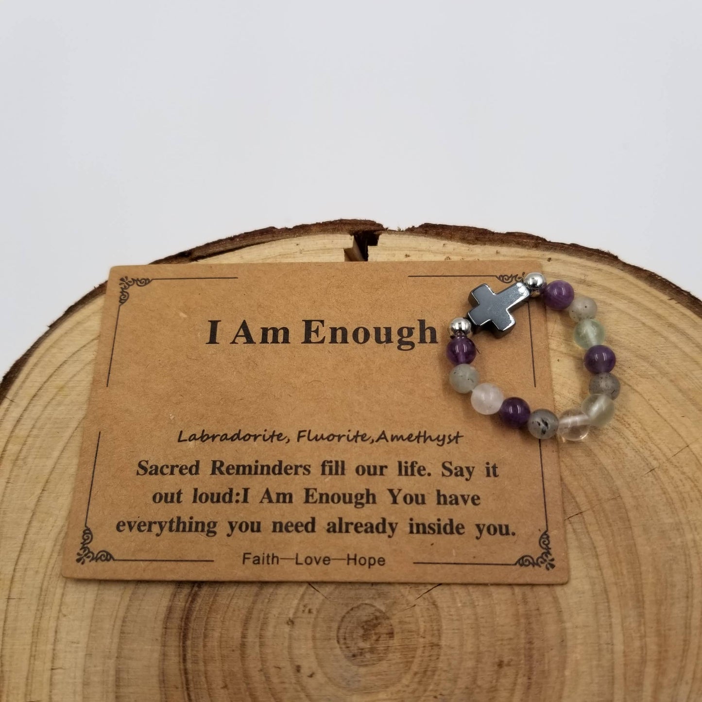 Cross Natural Stone Copper Bead Ring With Card