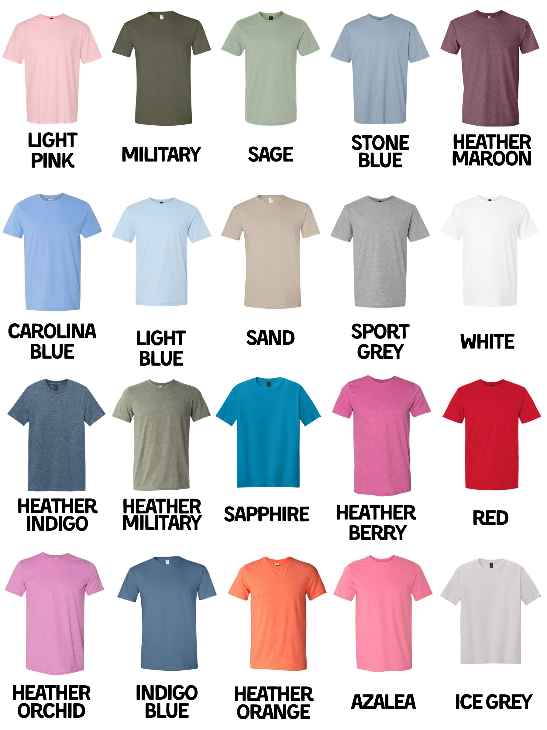 Collection of plain t-shirts in various colors with labels underneath.