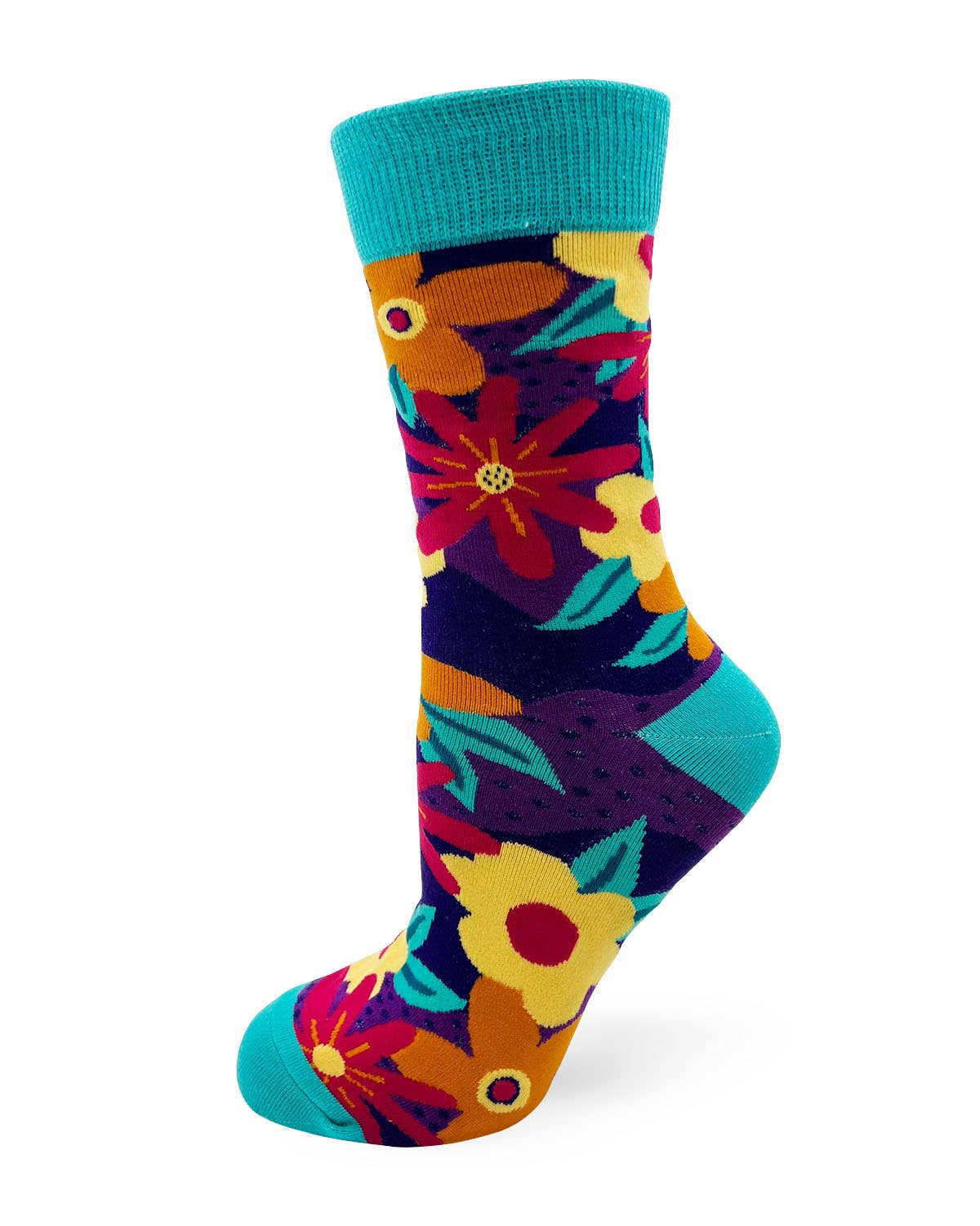 Colorful floral sock with blue cuff on a white background