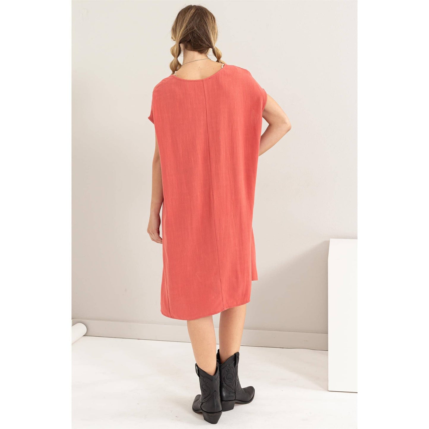 V-Neck Oversized Linen Midi Dress