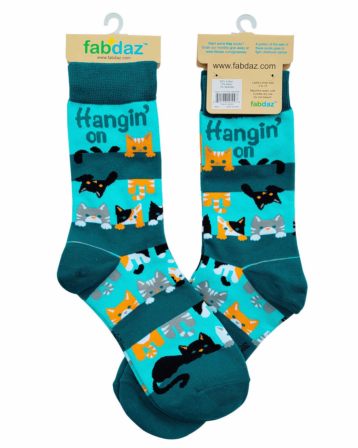 Teal socks with cat pattern and 'Hangin' on' text, displayed with Fabdaz packaging.