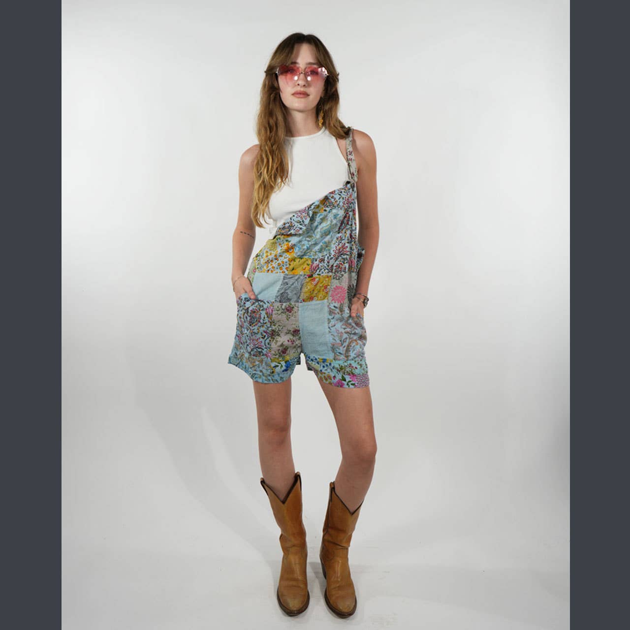 Hippie Boho Cotton Floral Patchwork 5-Pocket Shorts Overalls