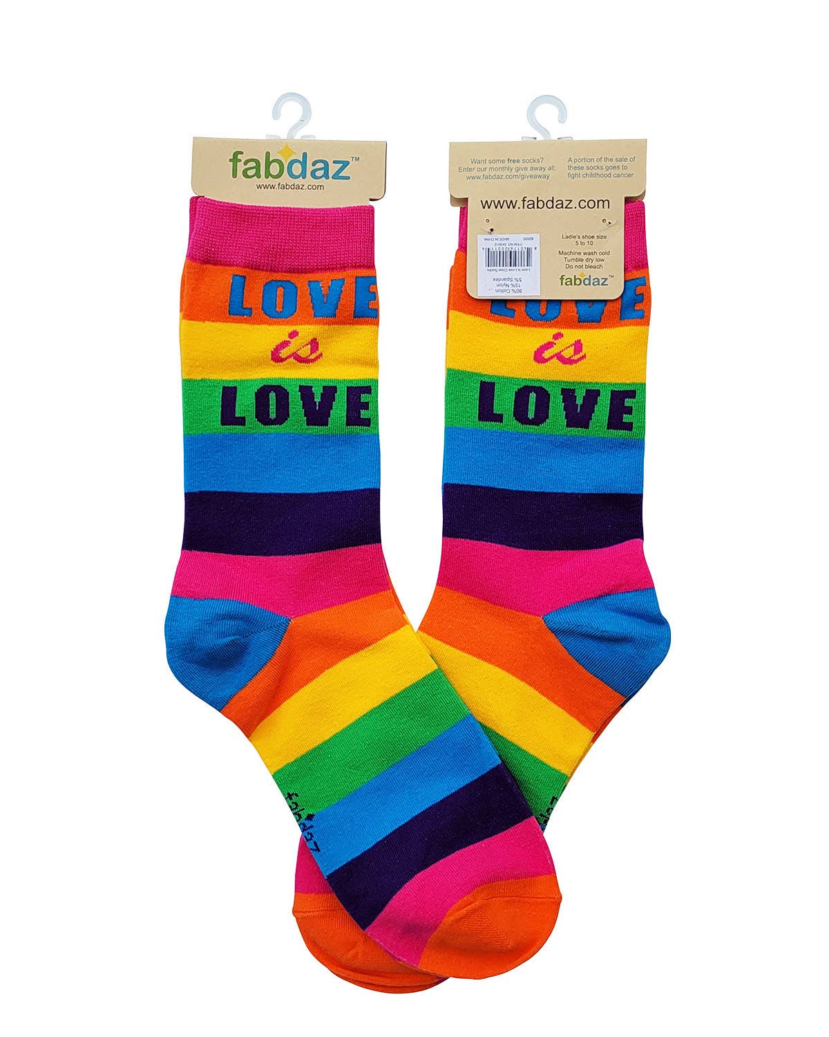 Rainbow striped socks with 'LOVE IS LOVE' text, displayed on a white background with 'fabdaz' branding.