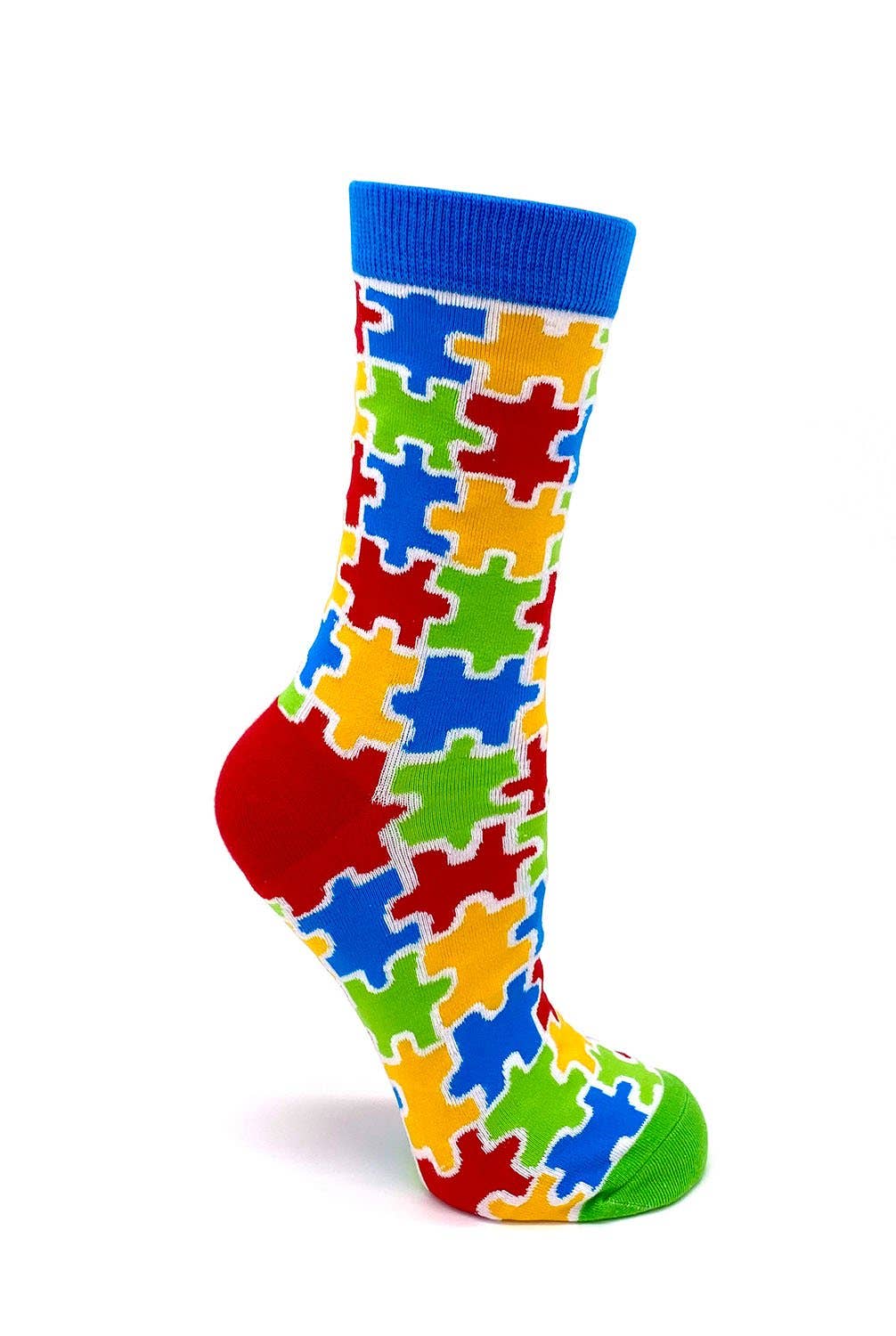 Colorful puzzle-patterned sock on a white background