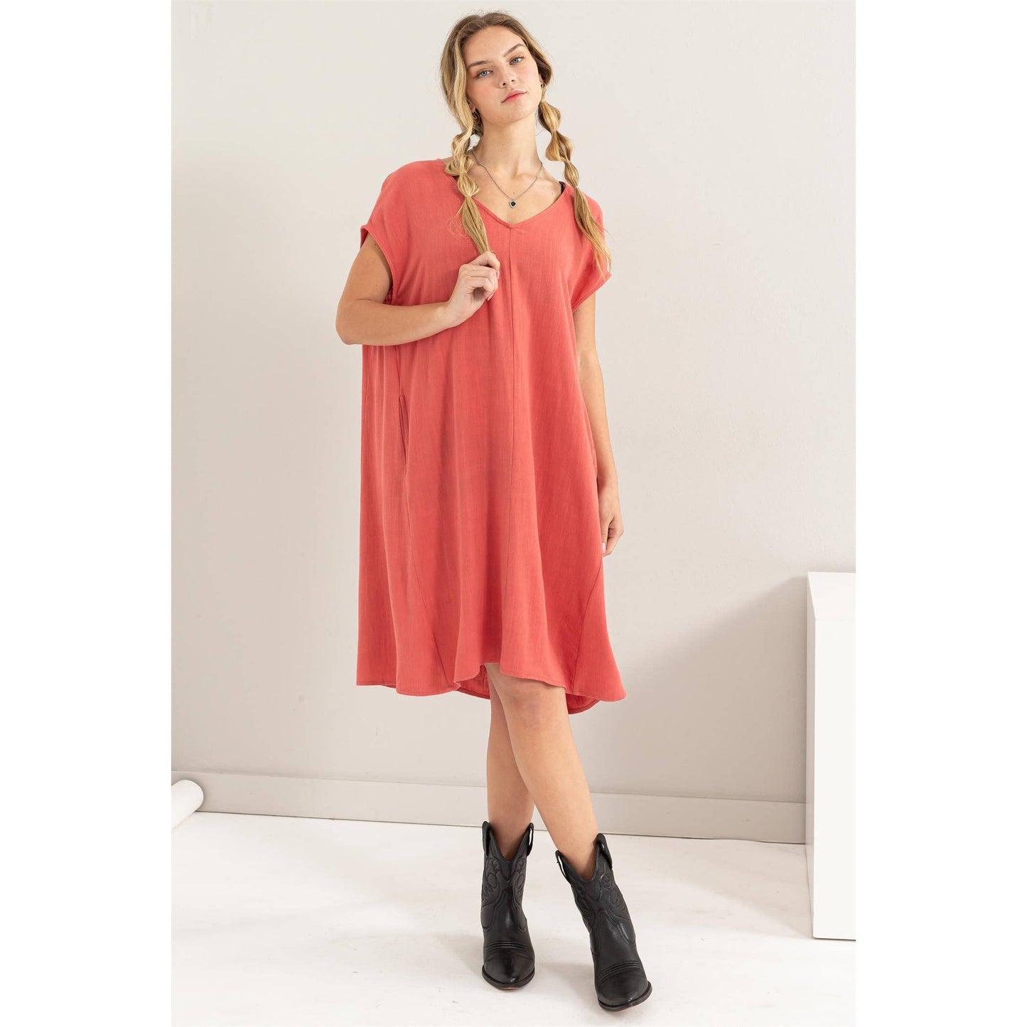 V-Neck Oversized Linen Midi Dress