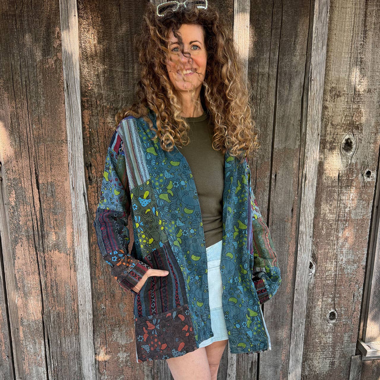 Mushroom Print Heavy Cotton Patchwork Kimono Jacket