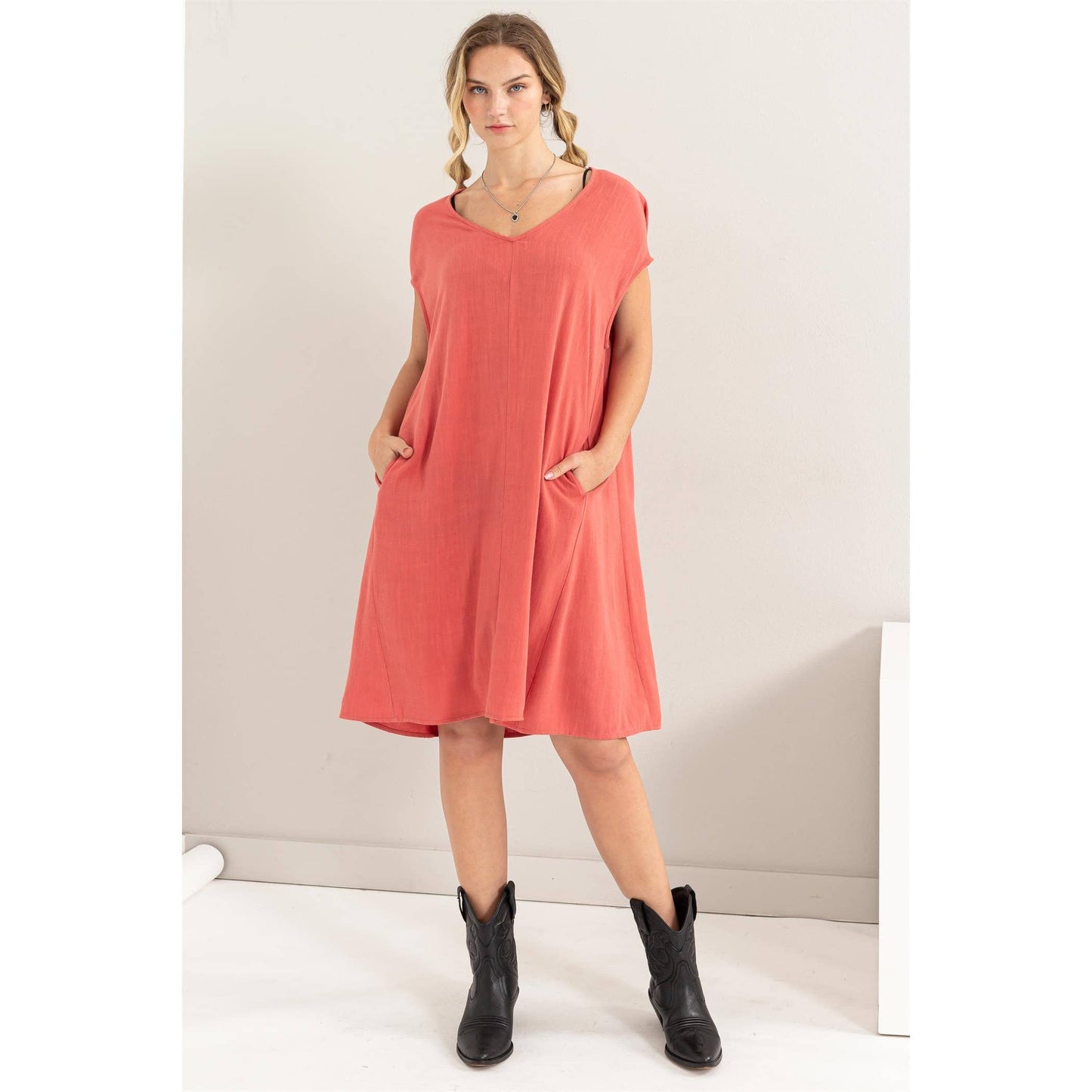 V-Neck Oversized Linen Midi Dress