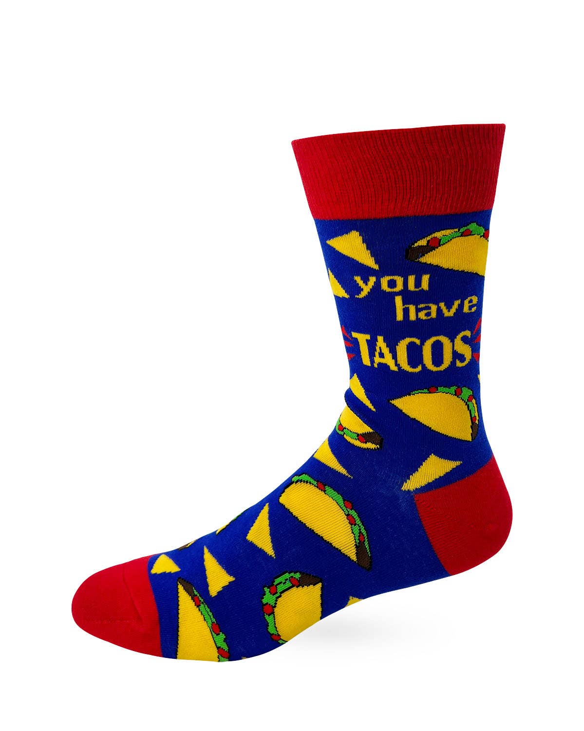 Colorful sock with taco design and text on a white background