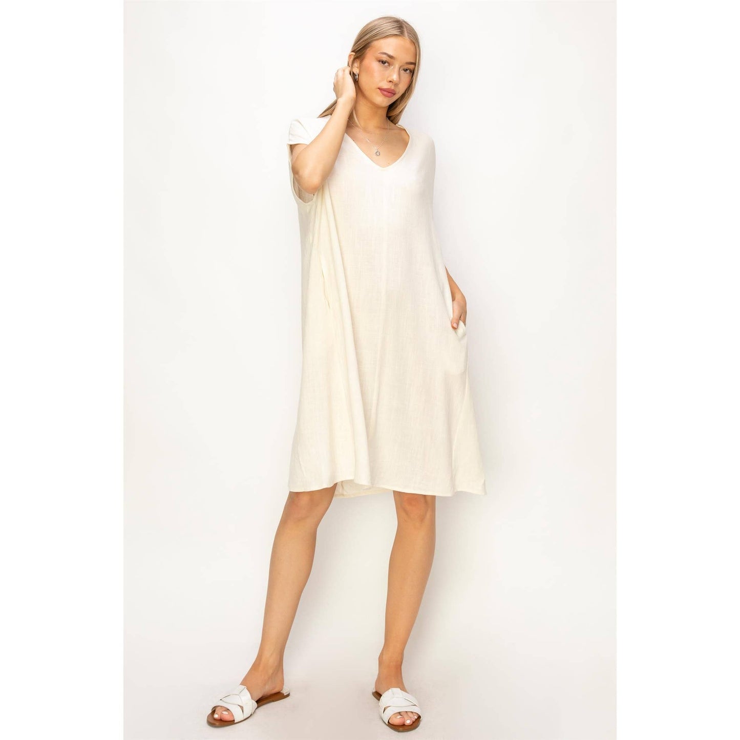 V-Neck Oversized Linen Midi Dress