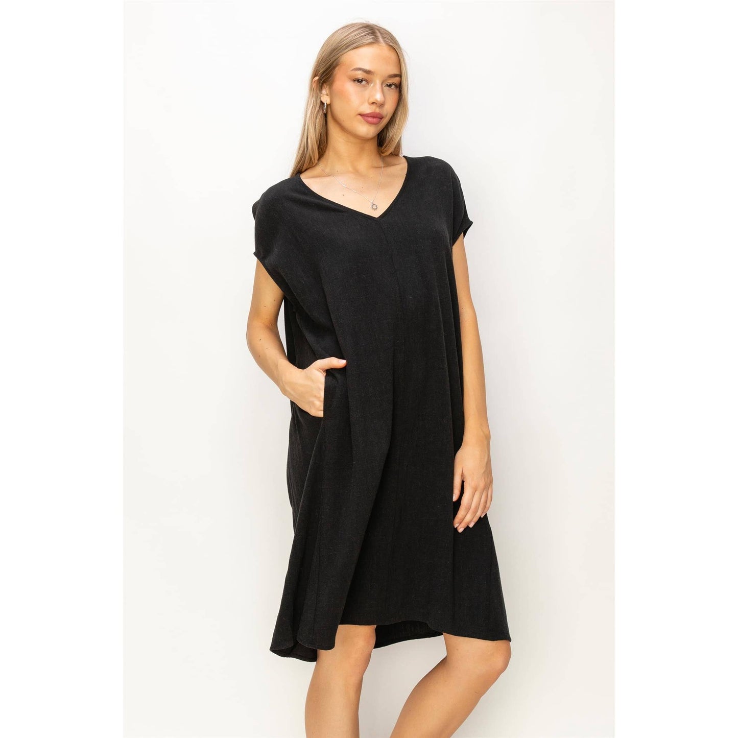 V-Neck Oversized Linen Midi Dress