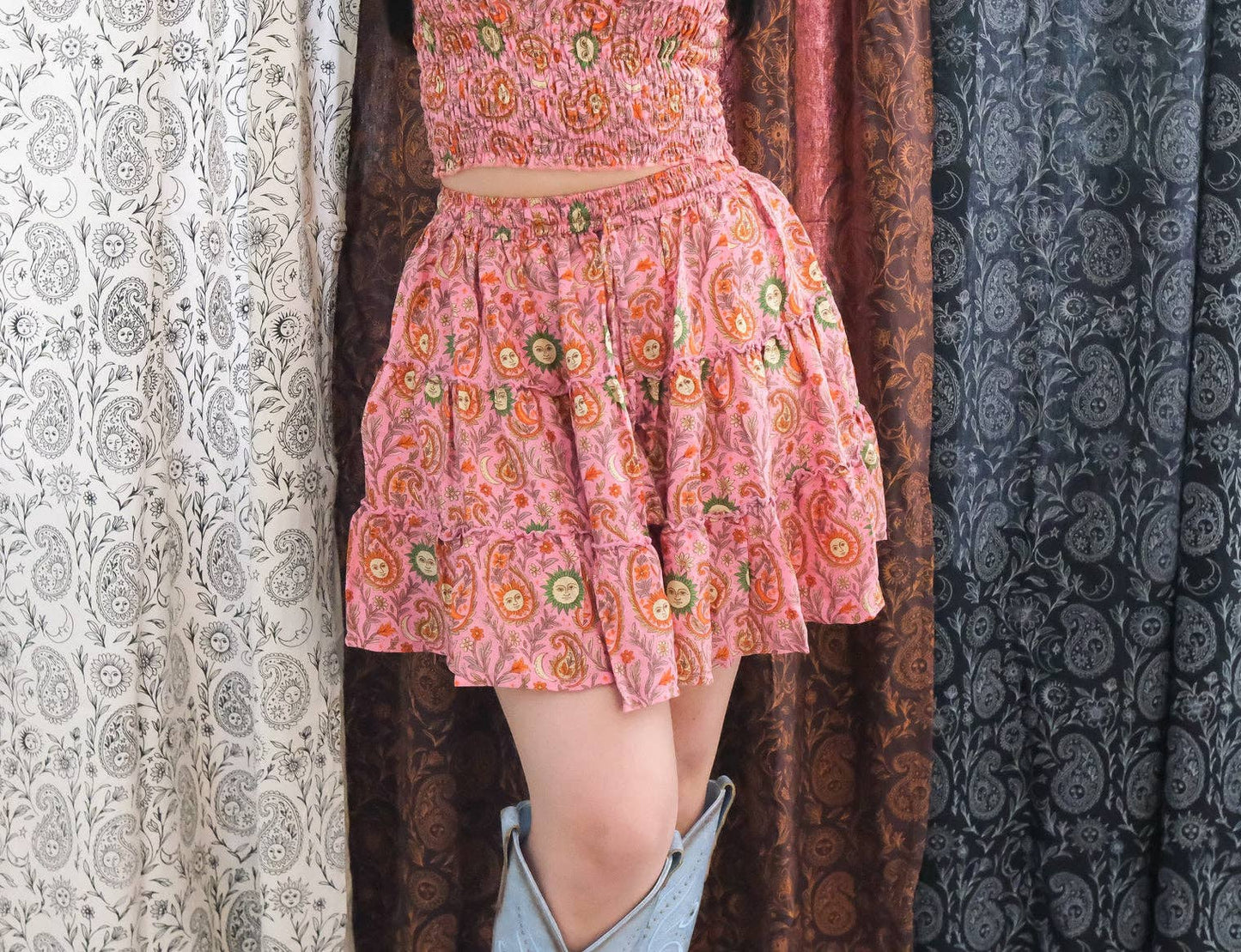 Boho Celestial Paisley Mini Skirt with Pockets