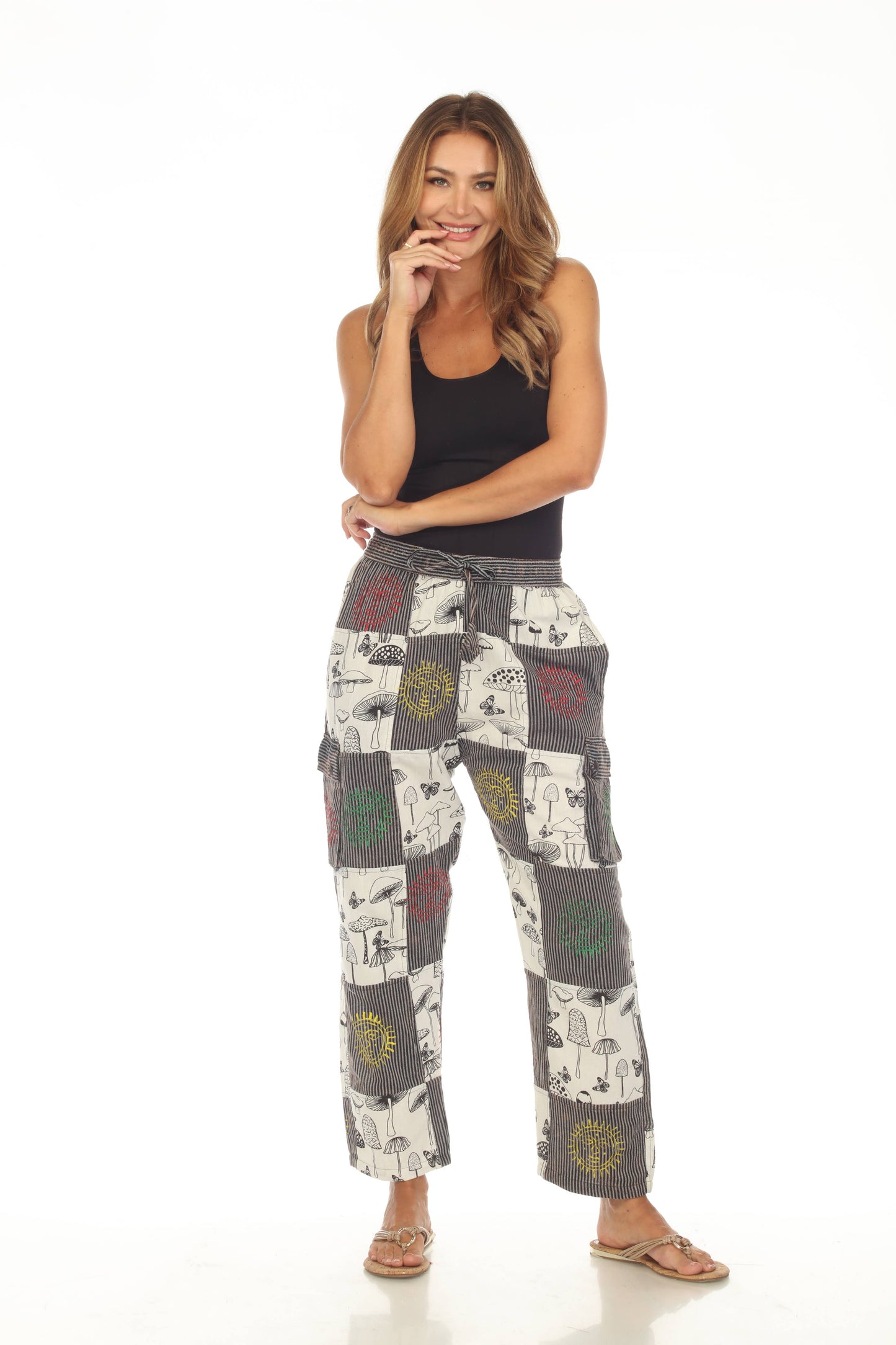 Cotton BW Mushroom  sun moon Patchwork Trouser D575